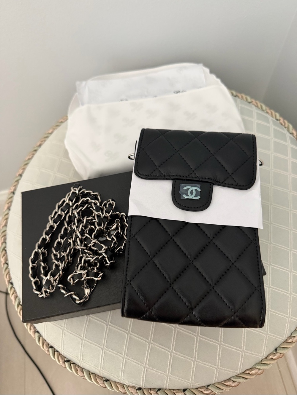 Black Quilted Crossbody Phone Pouch